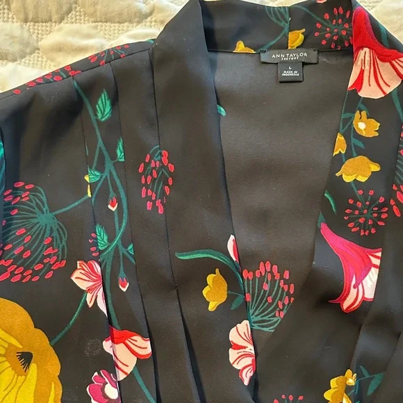 Ann Taylor Factory Black blouse with Vibrant Floral Pattern - Picture 2 of 2